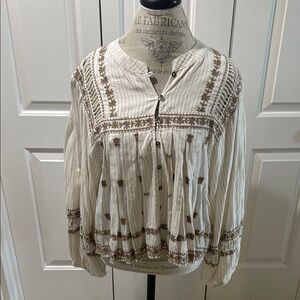Free People Cream and Brown Embroidered Blouse